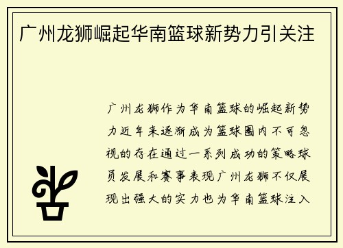 广州龙狮崛起华南篮球新势力引关注