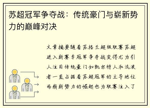 苏超冠军争夺战:传统豪门与崭新势力的巅峰对决 苏超冠军争夺战:传统豪门与崭新势力的巅峰对决